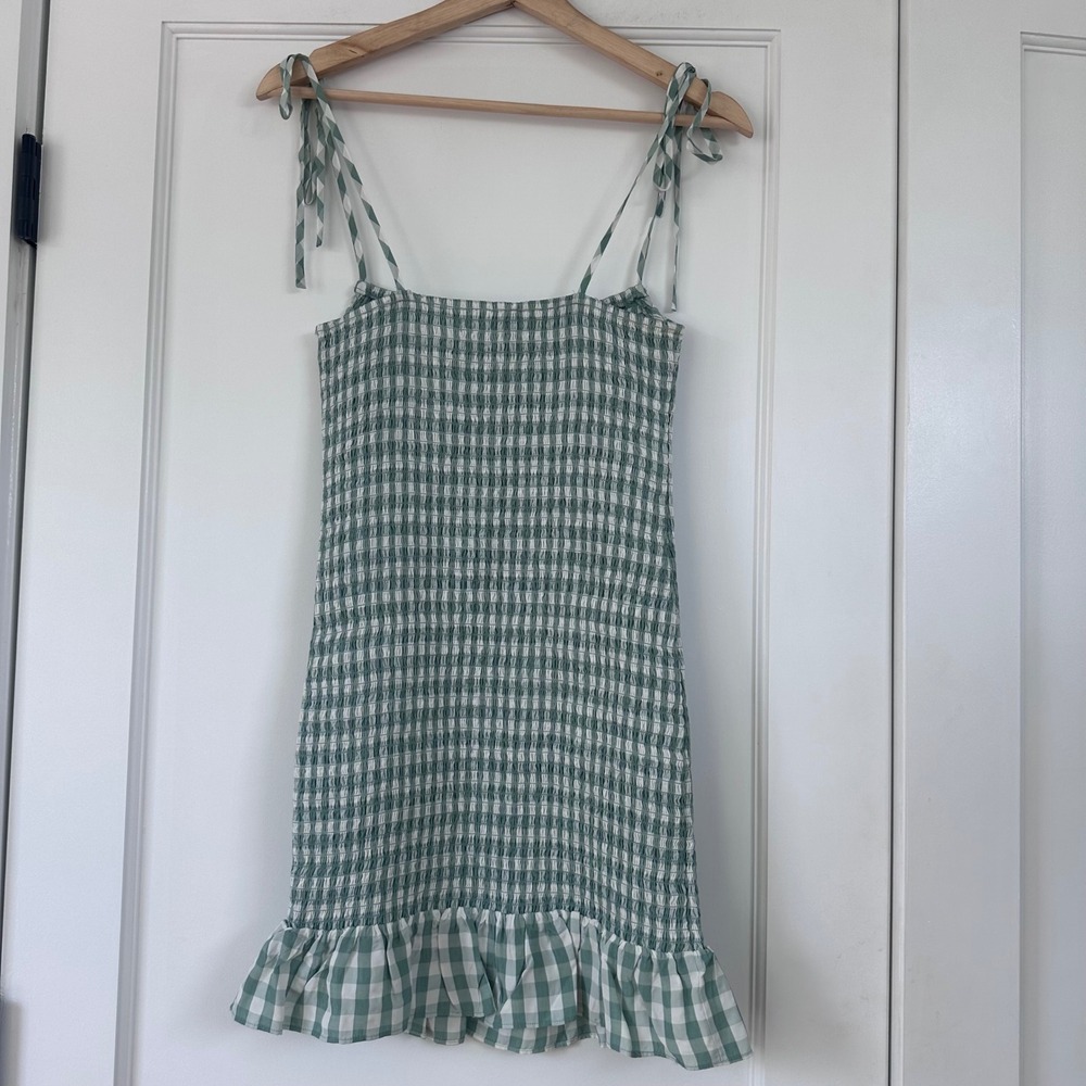 Reformation Gemini Dress Green Gingham Smocked Tie Shoulder Mini Ruffle Size S - Picture 7 of 12